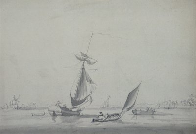 Fishing Boats: Low-lying Shore, with a Windmill to the Left by William Anderson